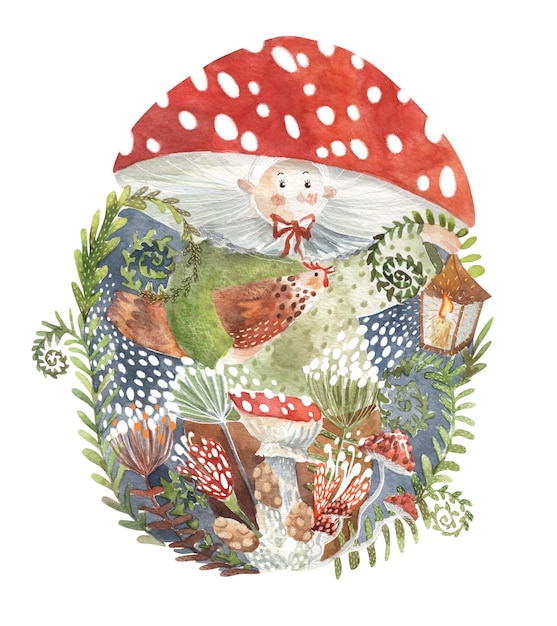 beautiful illustration of an easter gnome with a chicken