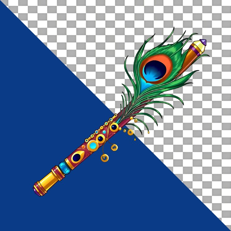 PSD beautiful illustration flute with peacock feather on a transparent background