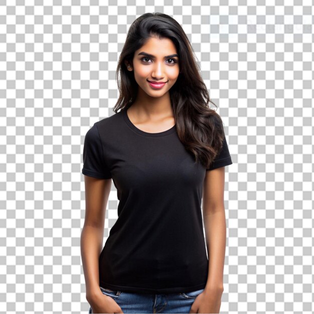 Beautiful indian model wearing black supima tshirt on transparent background