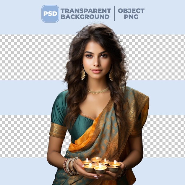 PSD beautiful indian woman in sari holding diwali oil lamp