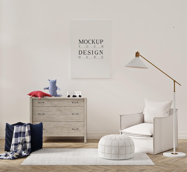 アームチェアソファとモックアップポスター付きの子供の寝室の美しいインテリア
