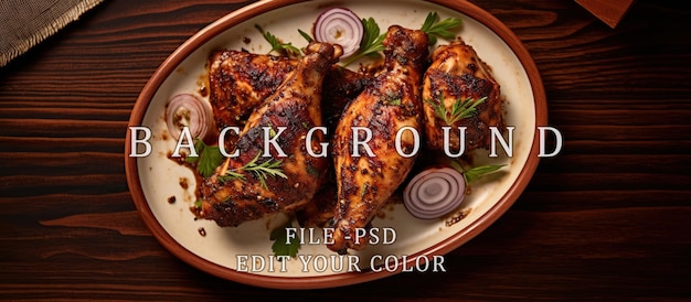 PSD beautiful jerk chicken dish on wooden table