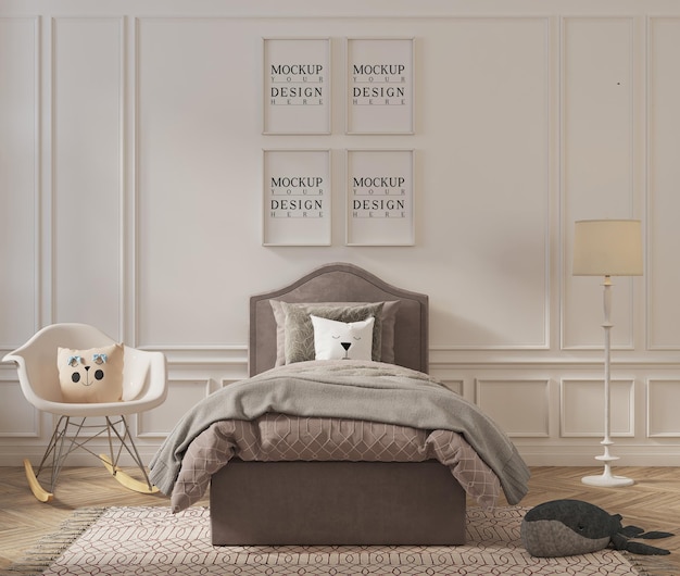 Bellissima camera da letto per bambini con cornice per poster mockup