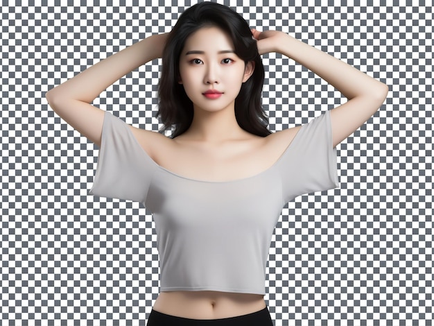 아름다운 한국 소녀 팔을 펴고 투명한 배경에 고립된 포즈