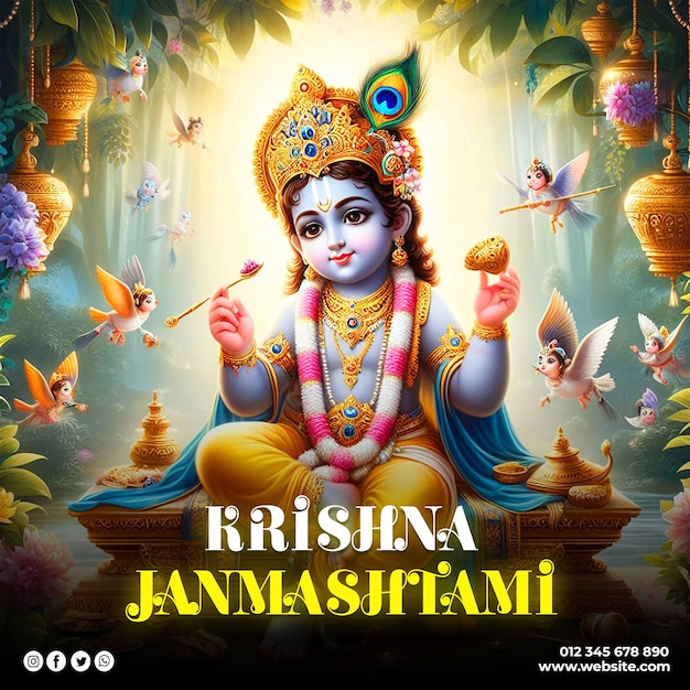 PSD beautiful krishna janmashtami festival social media post