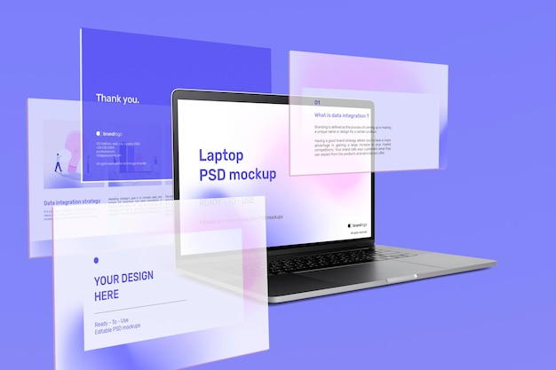 PSD beautiful laptop screen mockup ad with presentation slides