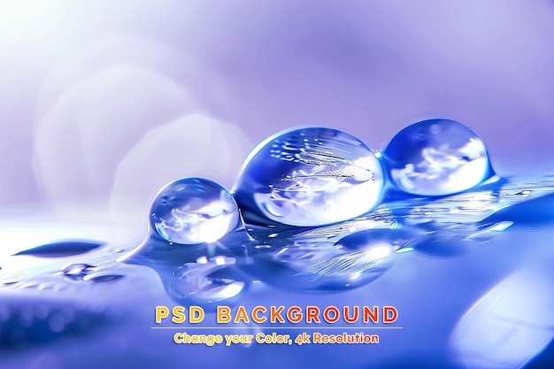 PSD Красивые большие прозрачные капли воды или дождевая вода на синем фиолетовом бирюзовом мягком фоне