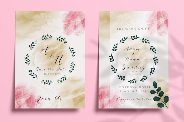 PSD beautiful leaf wreath drawn watercolor wedding invitation card set