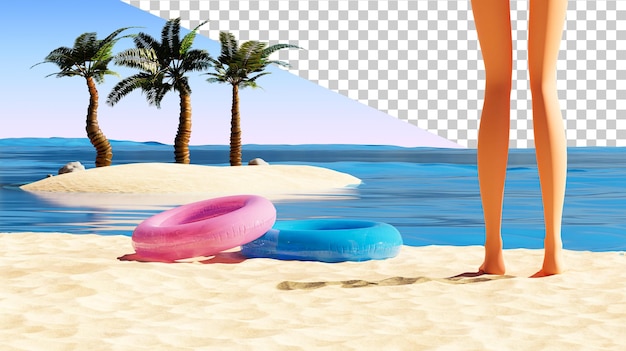 Beautiful legs and beach Seascape beach and island Tropical island with palm and legs 3d render