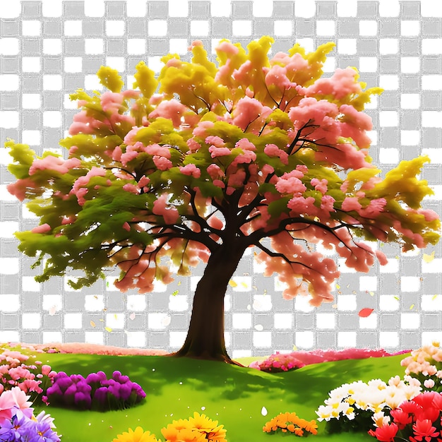 PSD a beautiful lonely tree and flowers on a transparent background ai generated