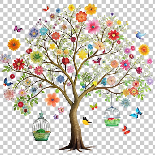 A beautiful lonely tree and flowers on a transparent background