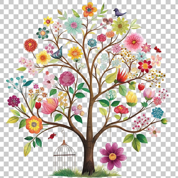 A beautiful lonely tree and flowers on a transparent background