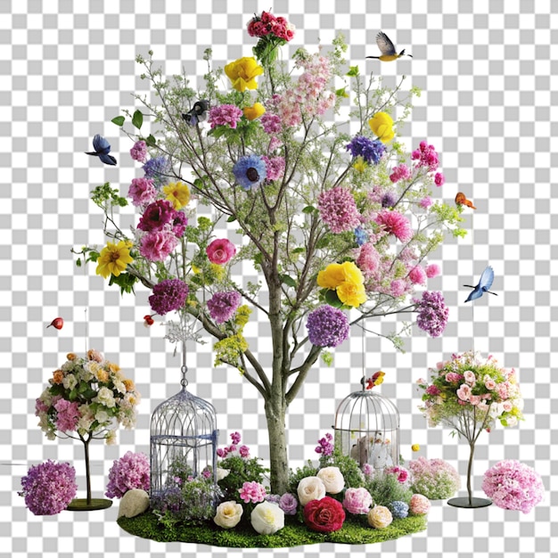 A beautiful lonely tree and flowers on a transparent background