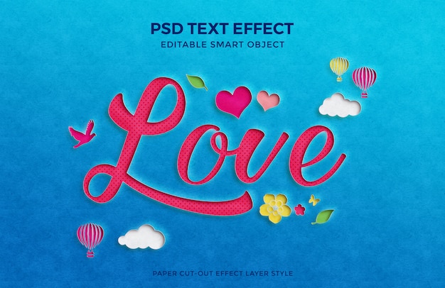 Beautiful love paper cut-out text effect mockup with multiple elements.