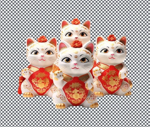 PSD beautiful lucky cat figurines isolated on transparent background