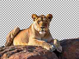 PSD beautiful majestic lioness sitting on stone withtransparent background