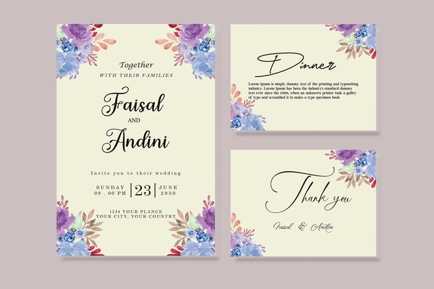 美しい栗色と桃の花と葉の結婚式の招待カードpsd