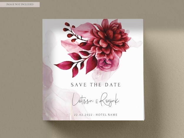 PSD beautiful maroon flower and leaves wedding invitation template