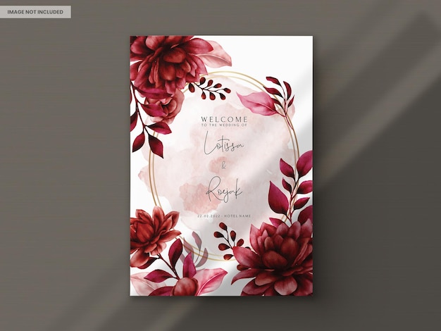 PSD beautiful maroon flower and leaves wedding invitation template