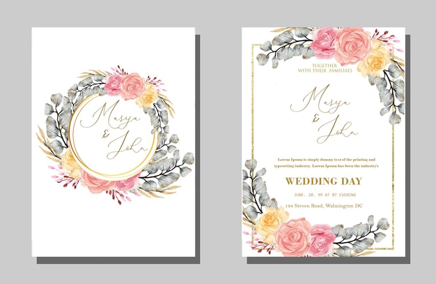 PSD beautiful maroon and peach floral and leaves wedding invitation card psd