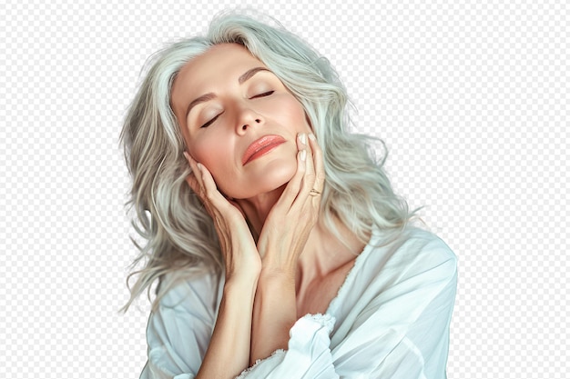 Beautiful middle age woman closed eyes touching her perfect skin on white
