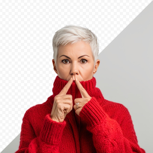 PSD beautiful middle ager senior woman red winter sweater over isolated isolated background mouth and lips shut as zip with fingers secret and silent taboo talking