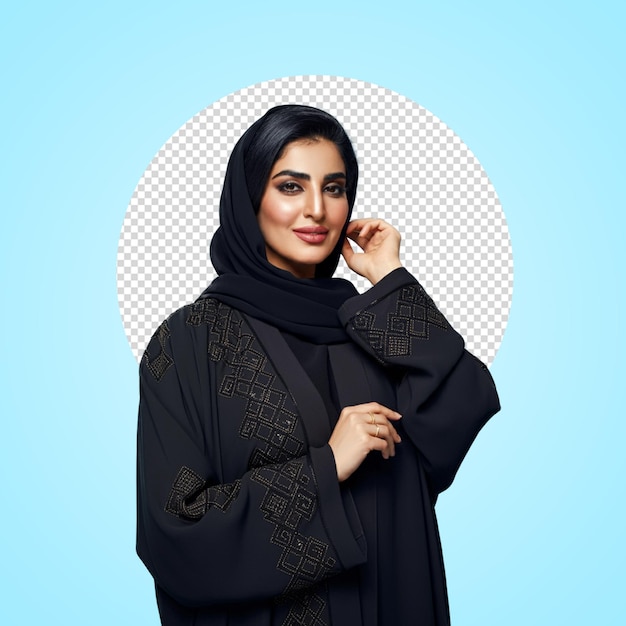 Beautiful middle eastern woman wearing abaya posing in studio for hijab fashion portraits