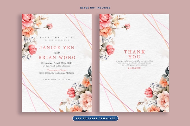 Beautiful minimalist flower illustration wedding invitation card set