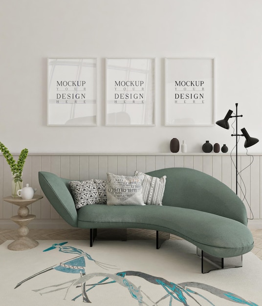 Beautiful mockup poster framed in modern living room with sofa