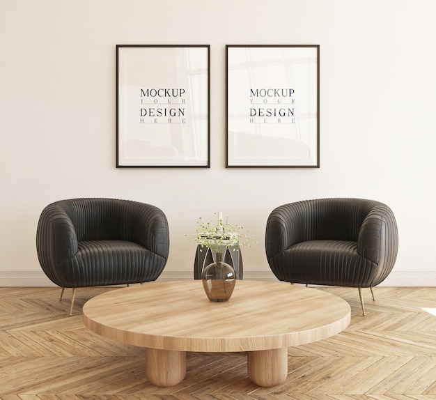 Beautiful mockup poster framed in modern living room with sofa
