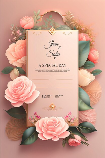 Beautiful modern floral minimalist wedding invitation template