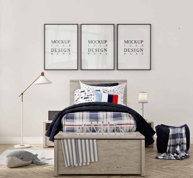 Bellissima camera da letto moderna per bambini con mockup con cornice in poster