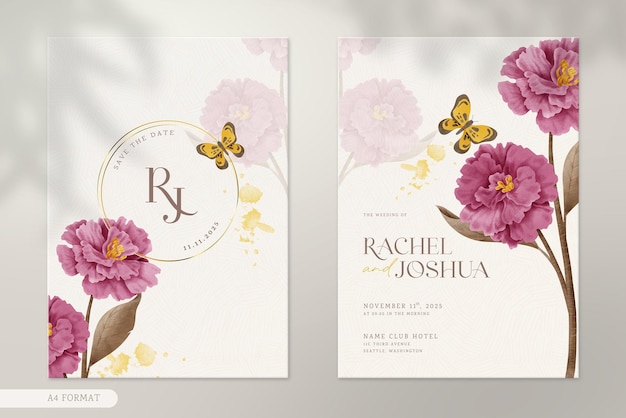 Beautiful modern and luxury brown wedding invitation with vintage red watercolor flower ornaments