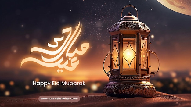 Beautiful mosque at the night eid mubarak poster social media layout