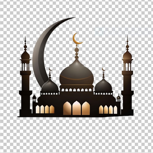PSD a beautiful mosque silhouette with a crescent moon on transparent background