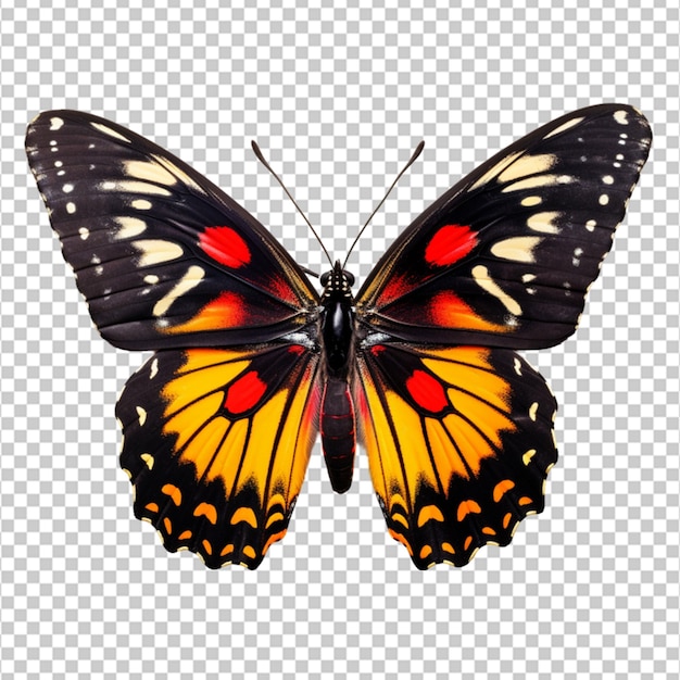 PSD beautiful multicolored black monarch butterfly with red orange yellow and white spots isolated on white background