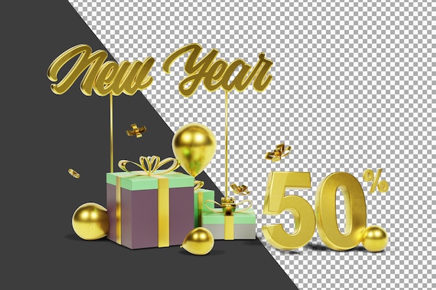 黄金色の3dレンダリングで分離された美しい新年割引50％