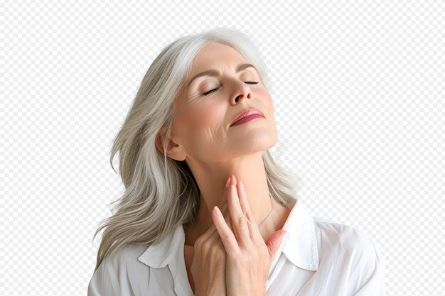 PSD beautiful old woman closed eyes touching her perfect skin on white