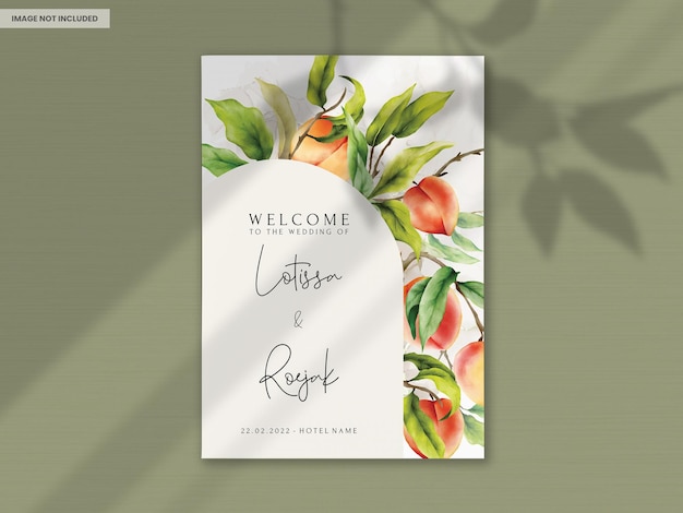 Beautiful peaches and leaves watercolor invitation card template