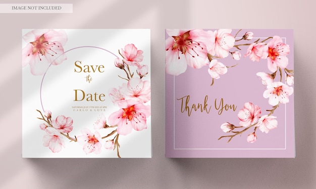 PSD beautiful pink cherry blossom floral watercolor invitation card