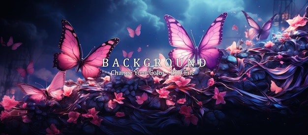 PSD beautiful pink cherry blossoms and blue butterflies nature background