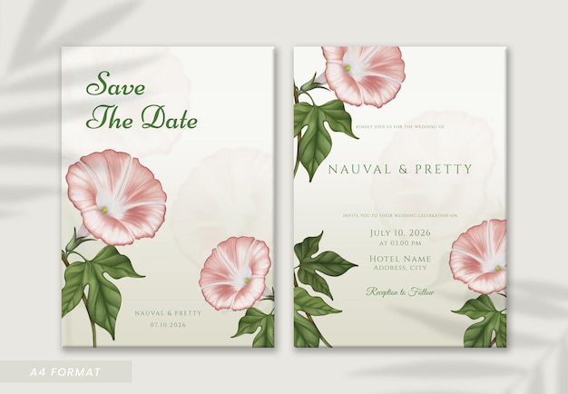 PSD beautiful pink morning glory flower watercolor double sided wedding invitation template