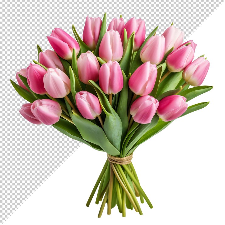 Beautiful Pink Tulip Bouquet with Ribbon on Transparent Background Fresh Flowers