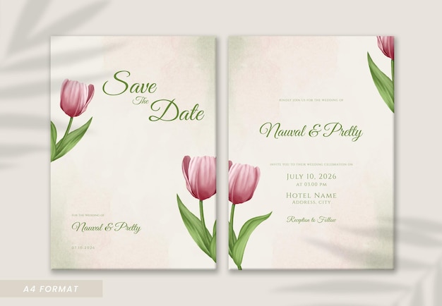 Bellissimo modello di invito a nozze a doppia faccia dell'acquerello del tulipano rosa