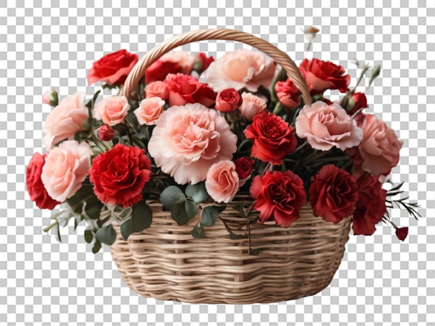 PSD beautiful pink and white peonies in basket with bow isolated on white