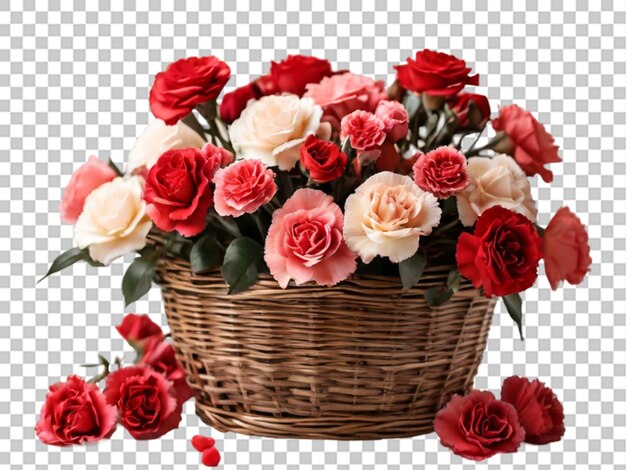 PSD beautiful pink and white peonies in basket with bow isolated on white