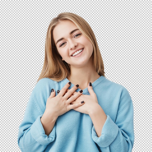 美しい 友好的な 見た目 の 若い ヨーロッパ の 女の子 素敵 な 誠実 な 笑顔 の 感じ 感謝 と 感謝 の 感じ を 抱い て 愛 と 感謝 に 満ち た 心 を 示し て 胸 に 手 を 握っ て いる