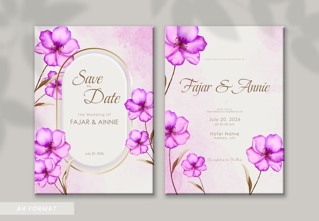 beautiful purple flower watercolor double sided wedding invitation template