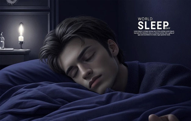 PSD a beautiful realistic young man is sleeping in her dark bedroom at night