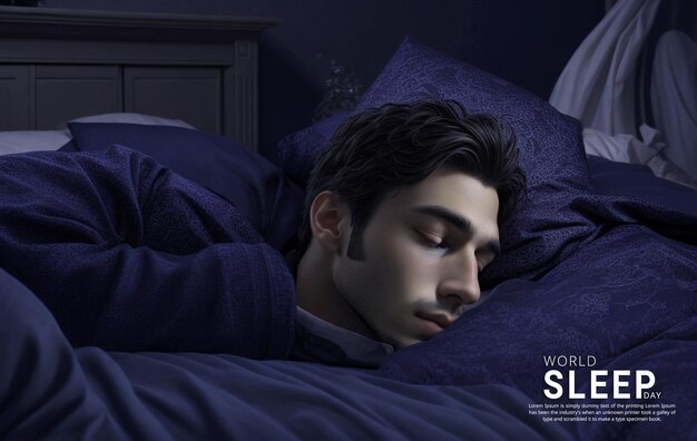 PSD a beautiful realistic young man is sleeping in her dark bedroom at night